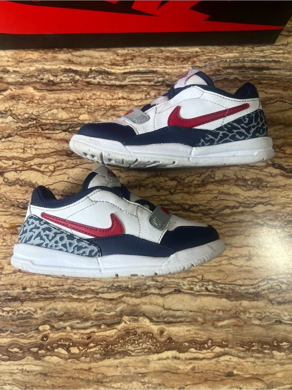 Jordan Legacy 312 Low Kids White Navy Sneakers with Red Swoosh
